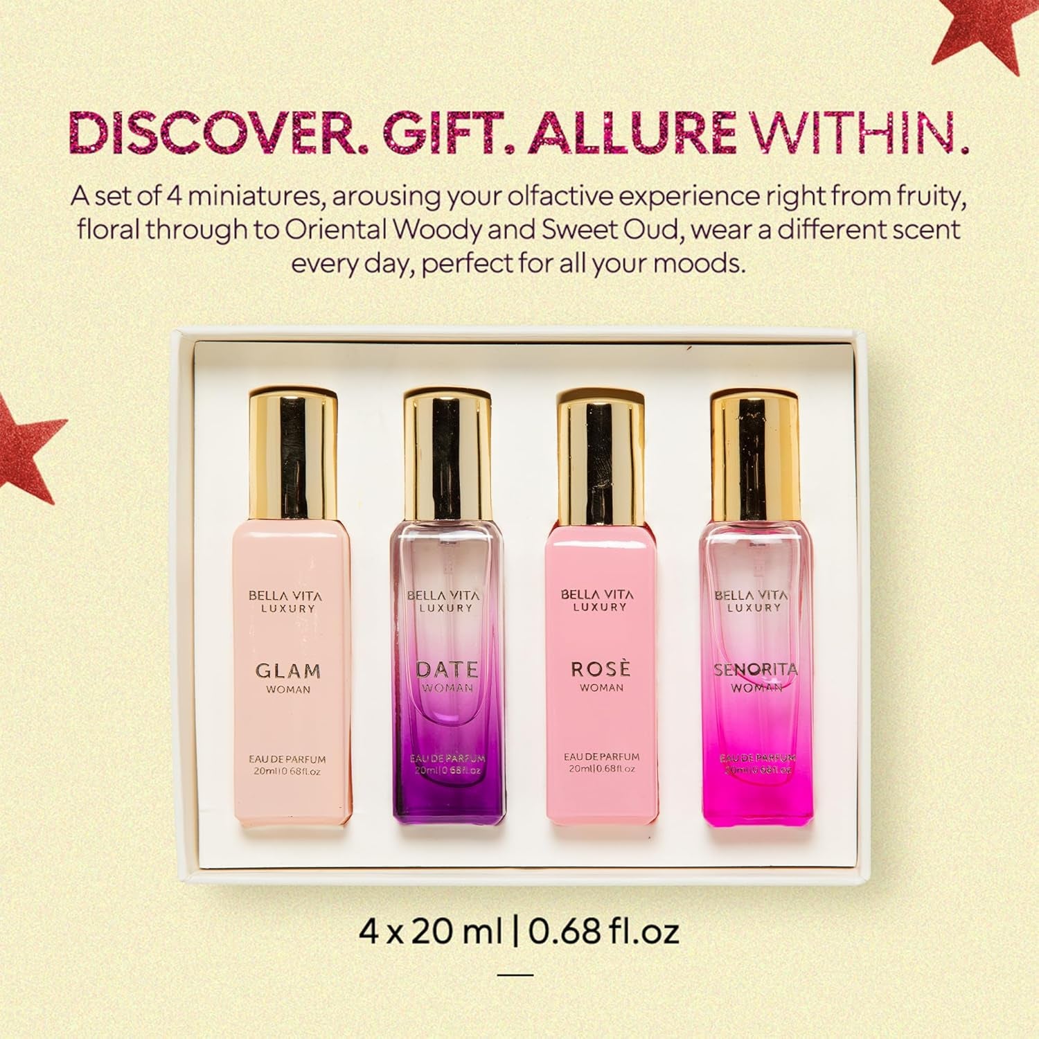 Bellavita Luxury Eau De Parfum Set for Women (4X20Ml)| DATE, Senorita, GLAM, Rose Scents | Vanilla Perfume Gift, Floral, Sweet, Musk Fragrance | Travel Friendly Cologne Perfumes for Women