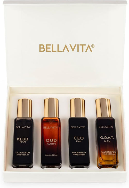 Bellavita Luxury Mens Perfume Gift Set (4X20Ml)| Vanilla Perfume for Men | KLUB, OUD, CEO, GOAT Scents | Woody, Aromatic Fragrance | Ideal Cologne Gifts for Men, Mens Travel Cologne Perfume