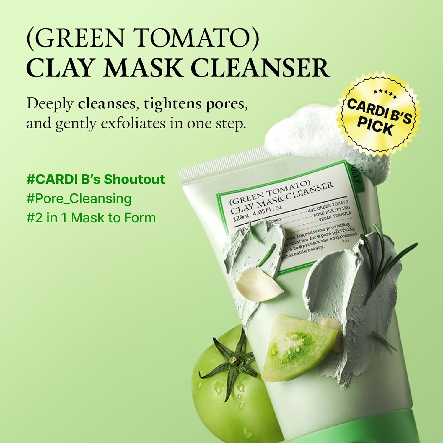FULLY Green Tomato Pore Detox Clay Mask Cleanser, Pore Minimizing, Blackhead Care, Sebum Control, Exfoliation, Vegan, Face Wash, Sensitive Skin, Korean Skincare 120Ml