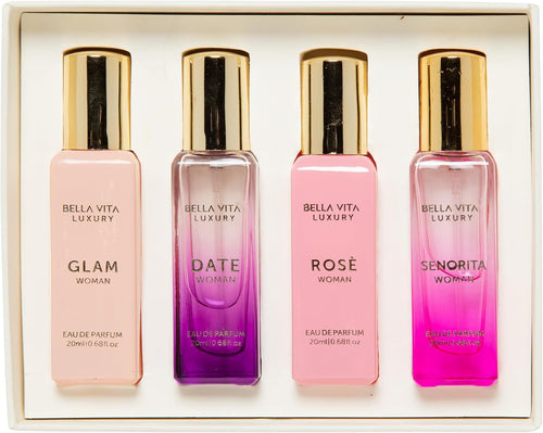 Bellavita Luxury Eau De Parfum Set for Women (4X20Ml)| DATE, Senorita, GLAM, Rose Scents | Vanilla Perfume Gift, Floral, Sweet, Musk Fragrance | Travel Friendly Cologne Perfumes for Women