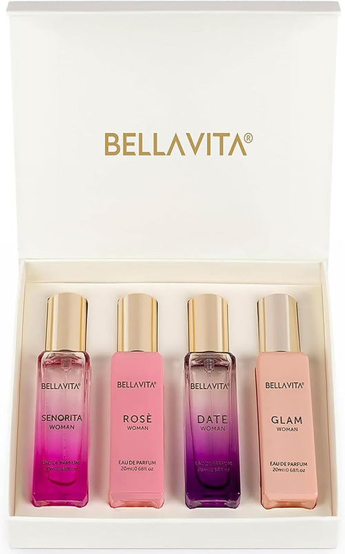Bellavita Luxury Eau De Parfum Set for Women (4X20Ml)| DATE, Senorita, GLAM, Rose Scents | Vanilla Perfume Gift, Floral, Sweet, Musk Fragrance | Travel Friendly Cologne Perfumes for Women